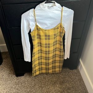 Yellow flannel print dress with white undershirt